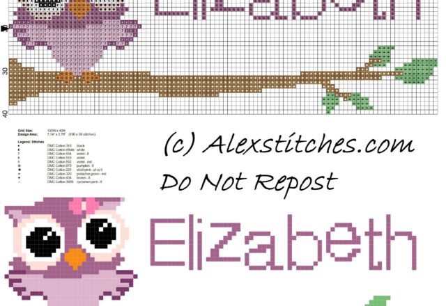 Baby cross stitch name Elizabeth with owl free download