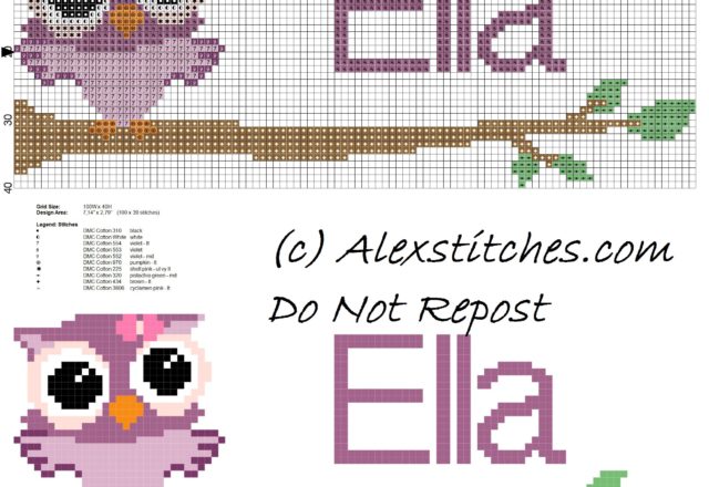 Baby cross stitch name Ella with owl free download