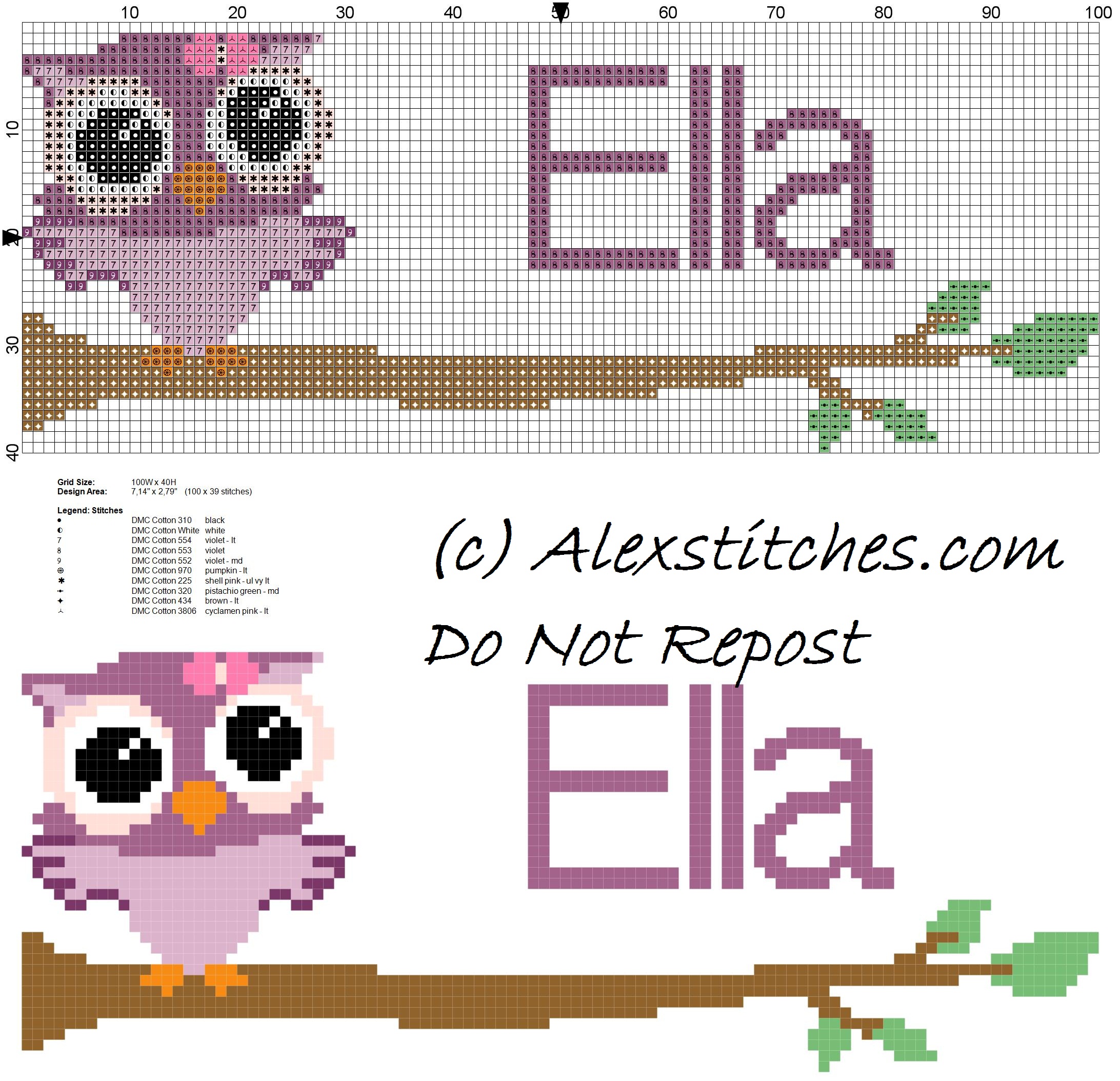 Baby cross stitch name Ella with owl free download