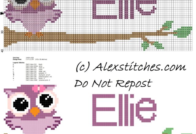 Baby cross stitch name Ellie with owl free download