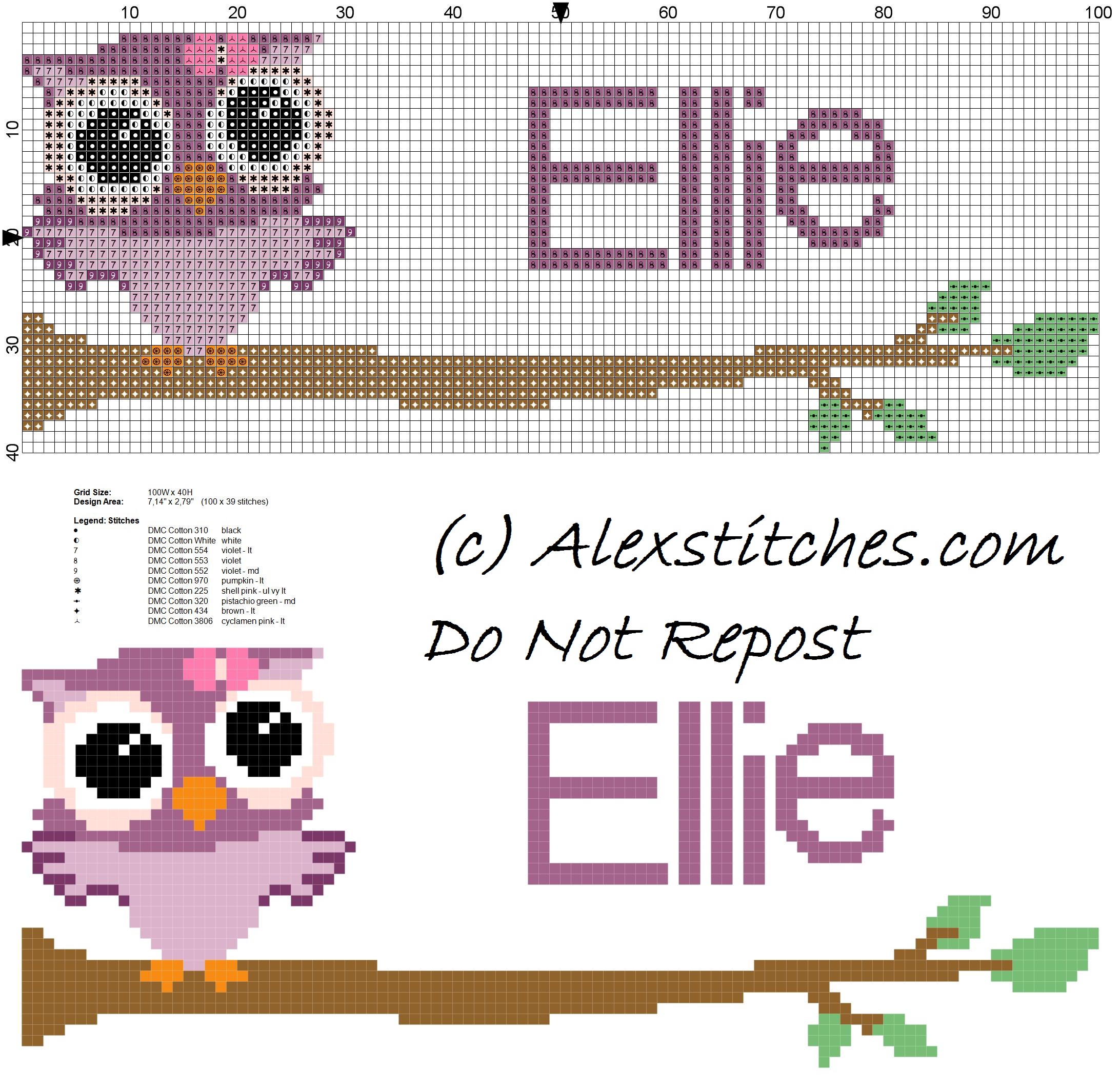 Baby cross stitch name Ellie with owl free download