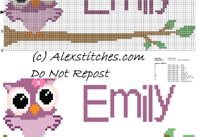 Baby cross stitch name Emily with owl free download