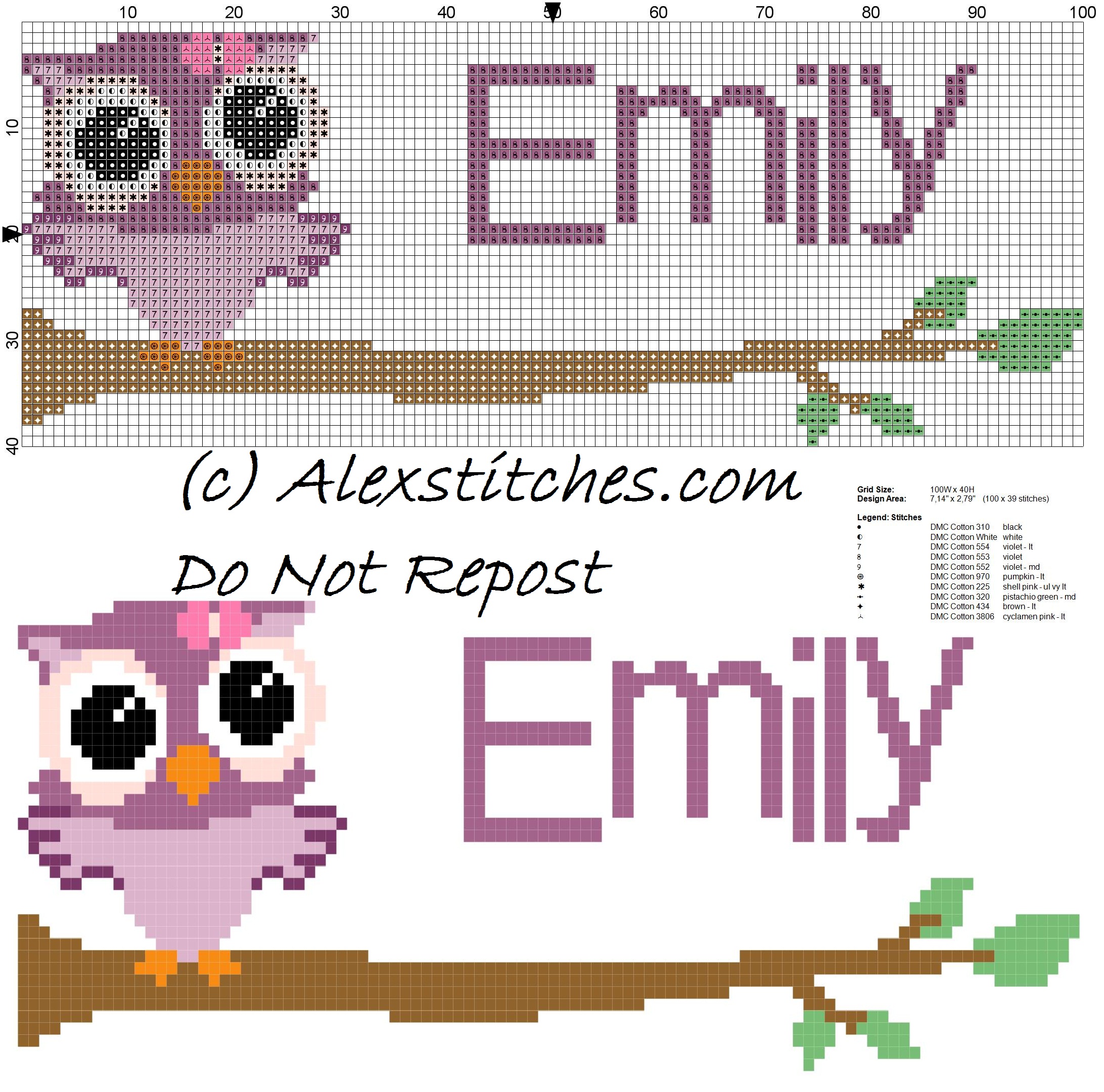 Baby cross stitch name Emily with owl free download