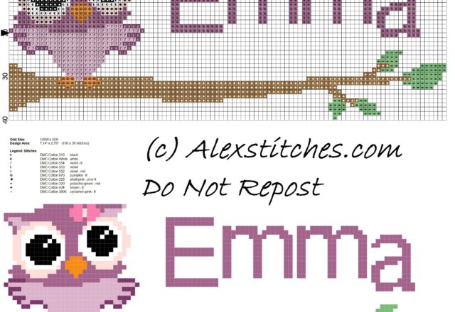 Baby cross stitch name Emma with owl free download