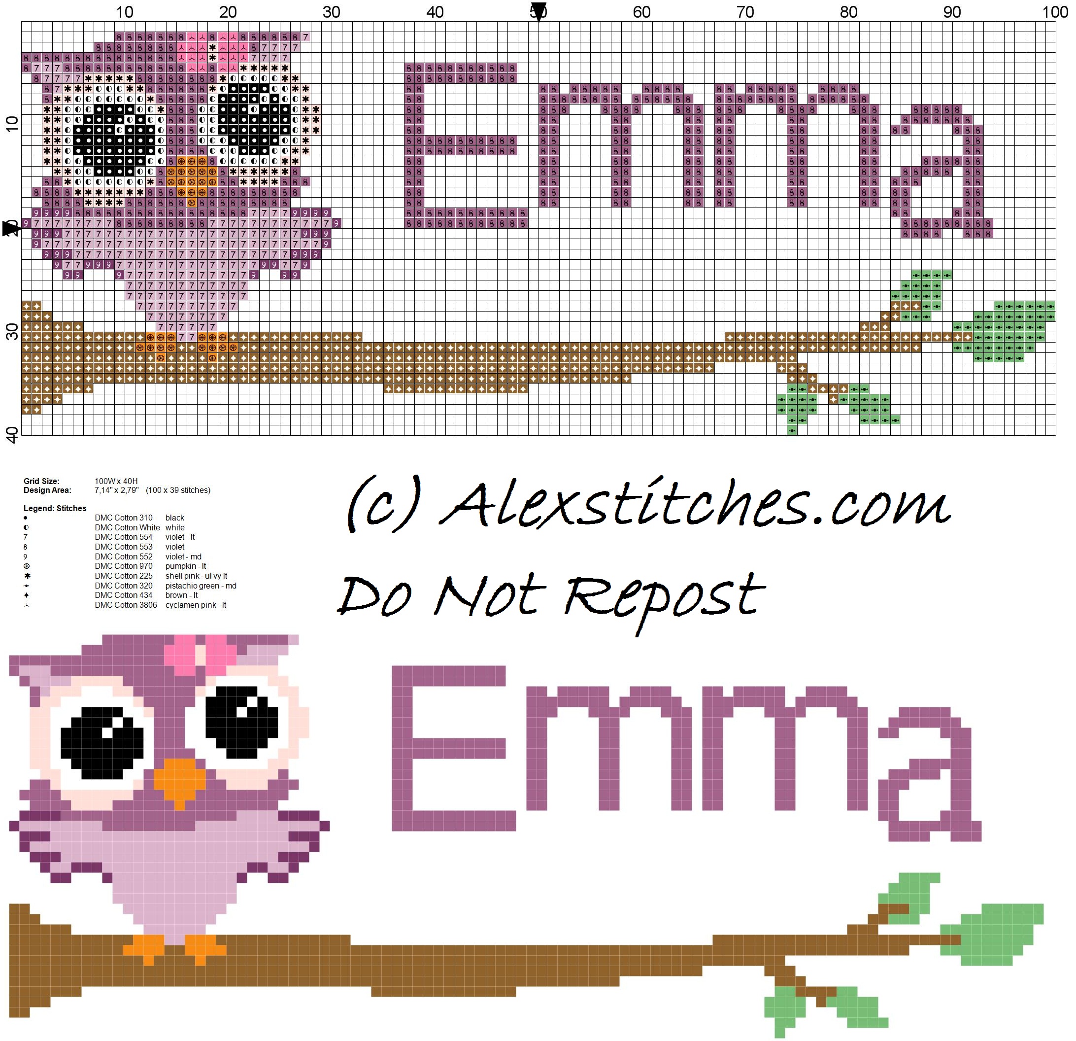 Baby cross stitch name Emma with owl free download