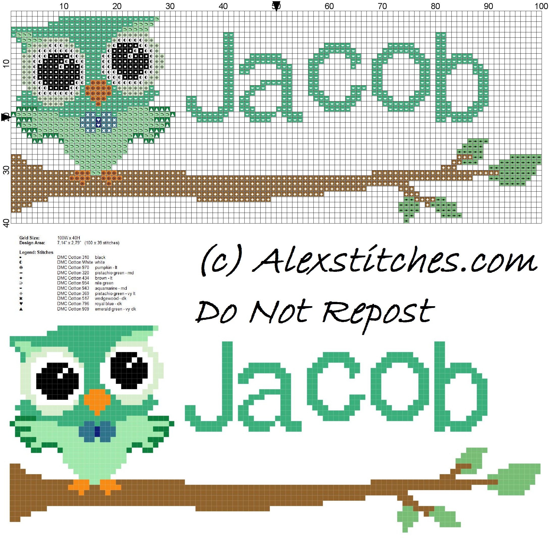 Baby cross stitch name Jacob with owl free download