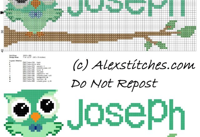Baby cross stitch name Joseph with owl free download