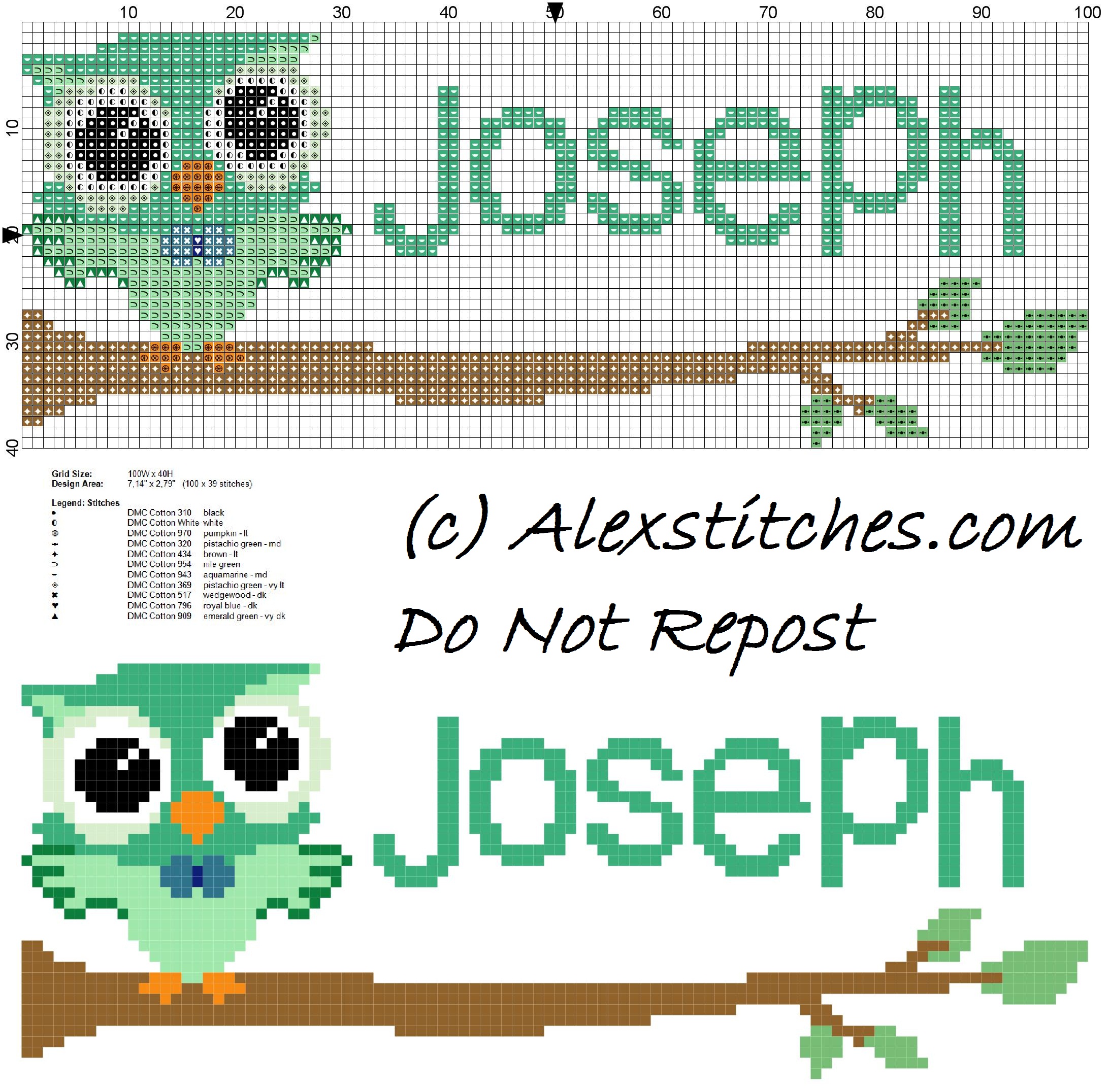 Baby cross stitch name Joseph with owl free download