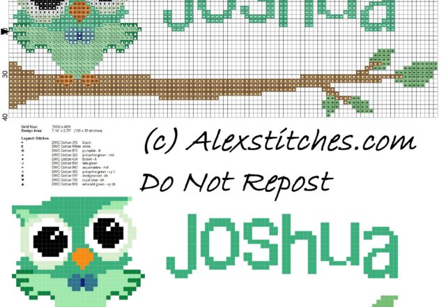 Baby cross stitch name Joshua with owl free download