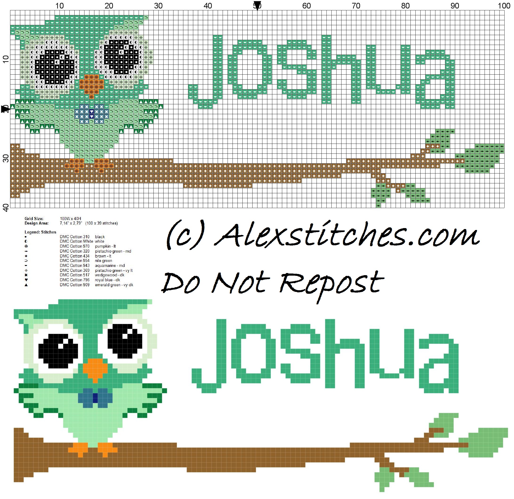 Baby cross stitch name Joshua with owl free download