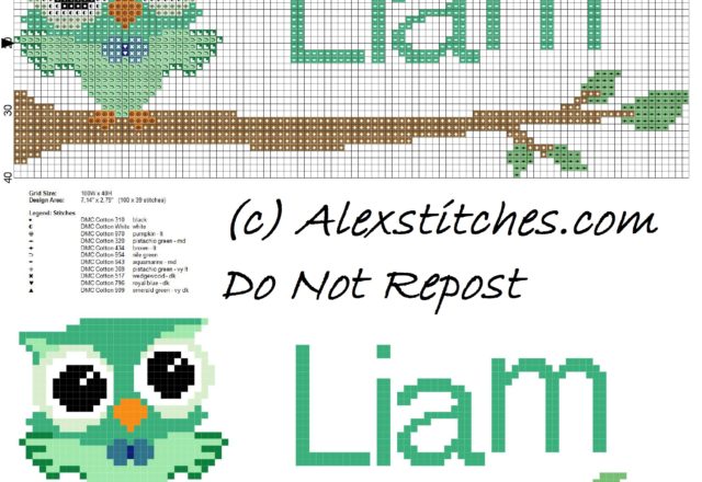 Baby cross stitch name Liam with owl free download