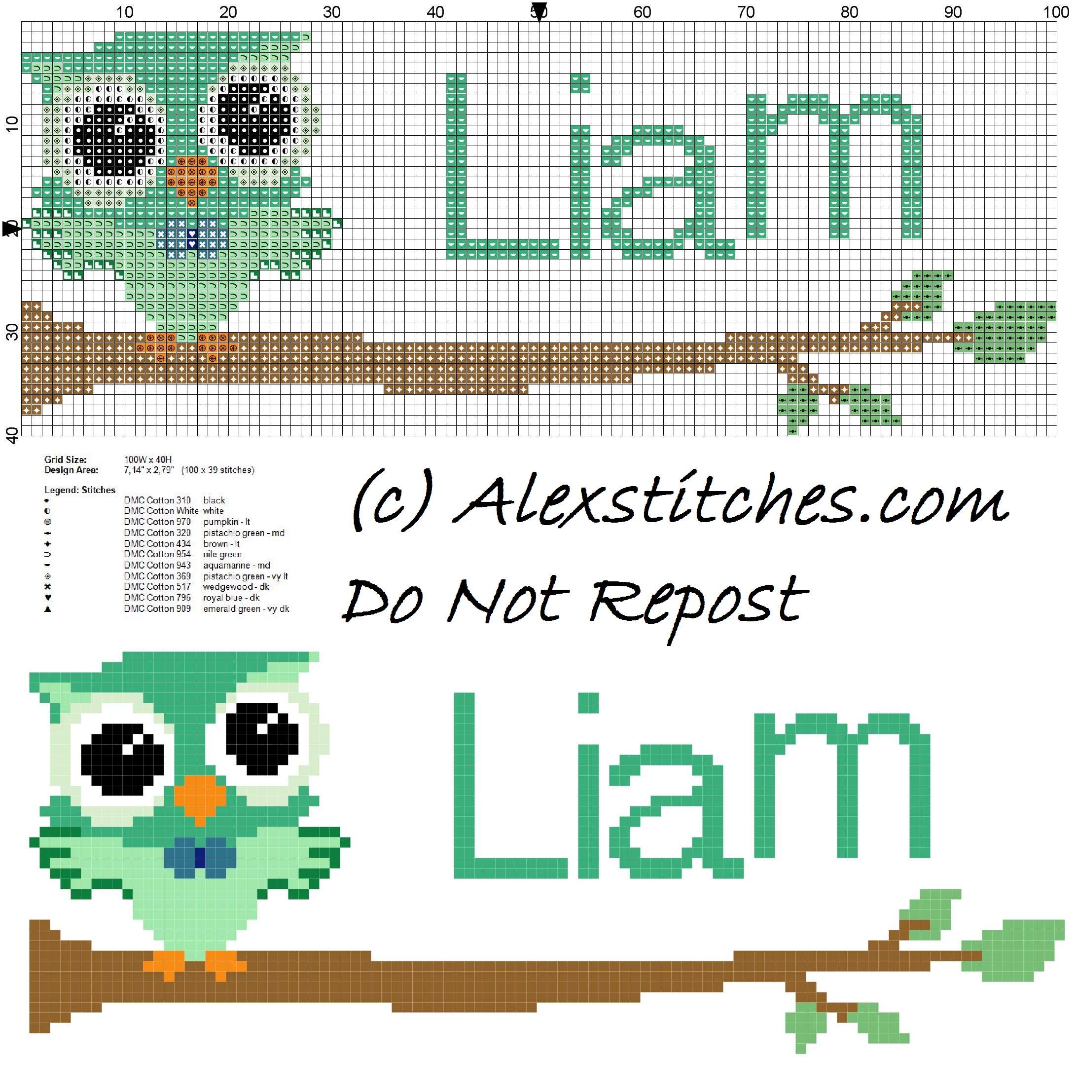 Baby cross stitch name Liam with owl free download