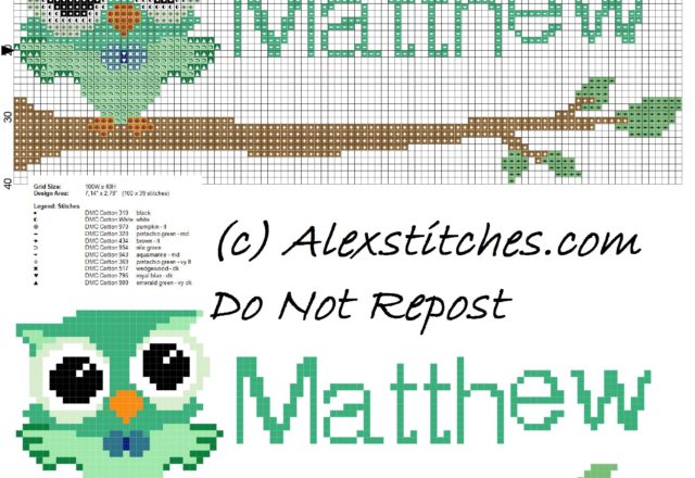 Baby cross stitch name Matthew with owl free download