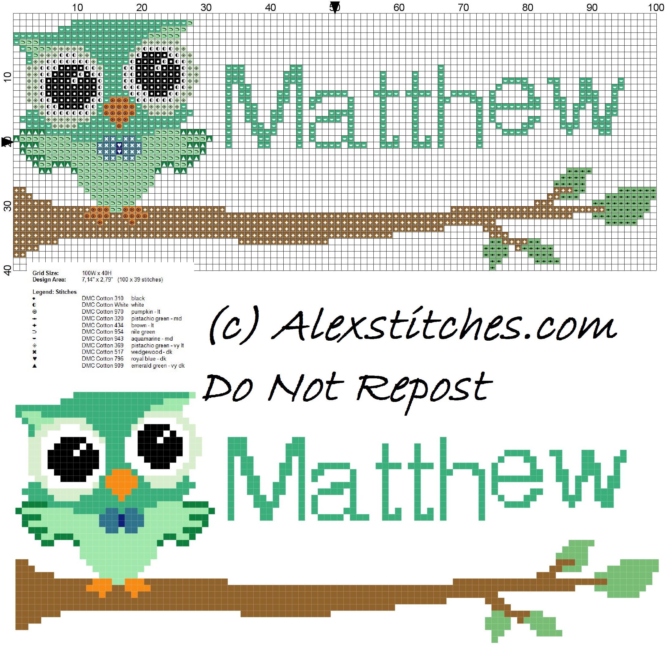 Baby cross stitch name Matthew with owl free download
