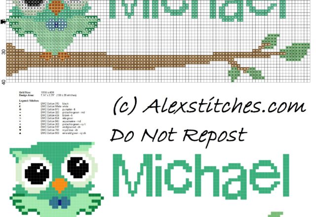 Baby cross stitch name Michael with owl free download