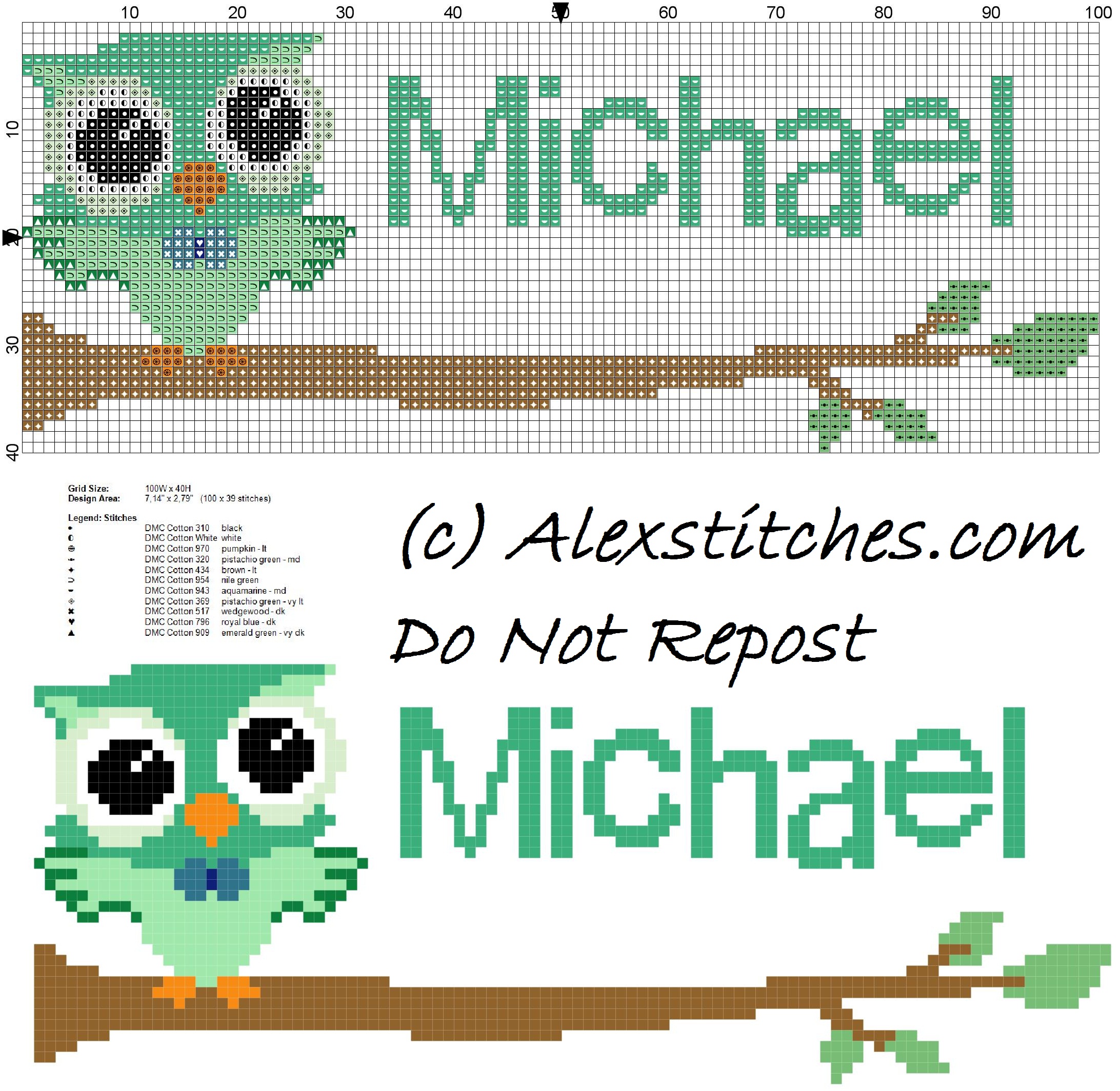 Baby cross stitch name Michael with owl free download