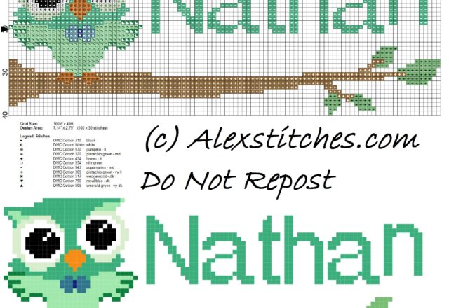 Baby cross stitch name Nathan with owl free download