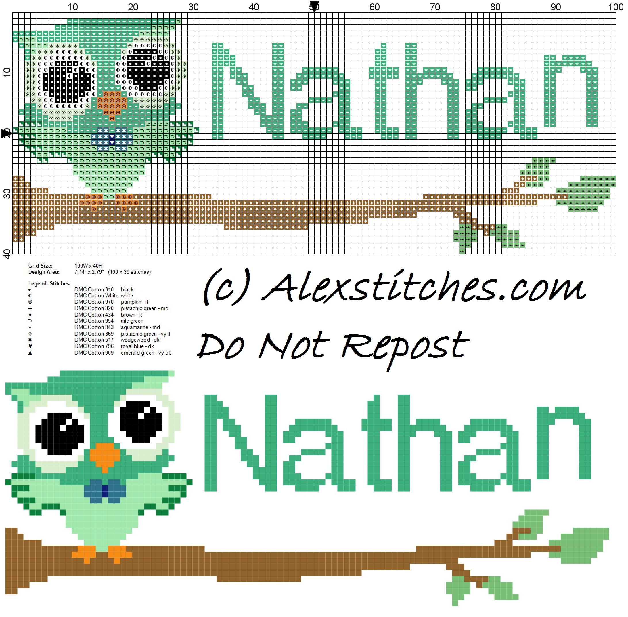 Baby cross stitch name Nathan with owl free download