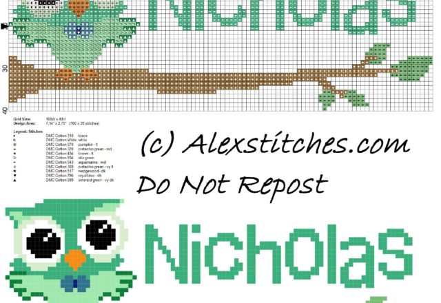 Baby cross stitch name Nicholas with owl free download