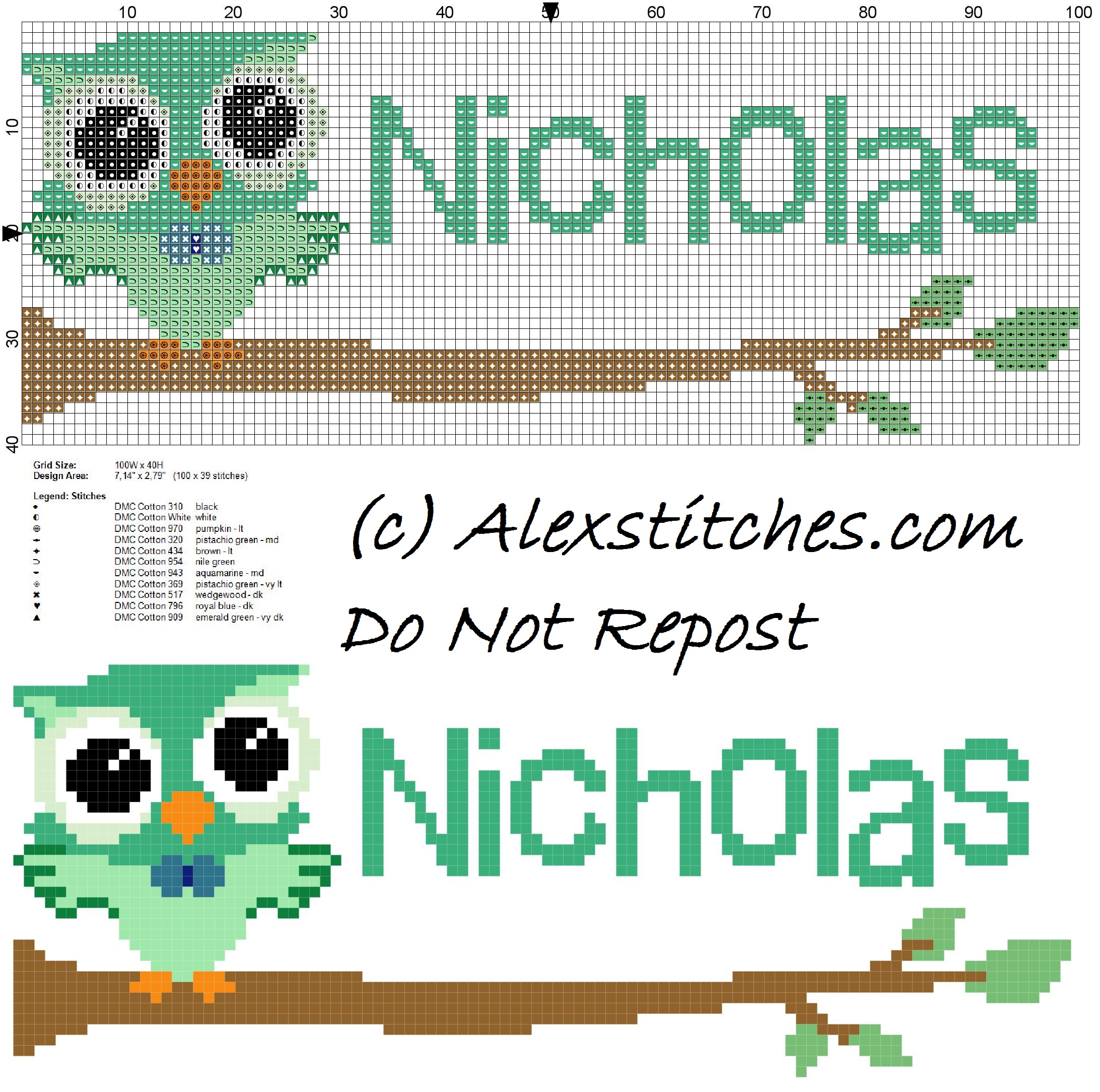 Baby cross stitch name Nicholas with owl free download
