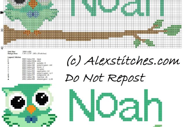 Baby cross stitch name Noah with owl free download