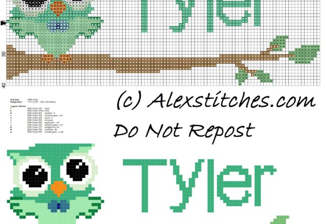 Baby cross stitch name Tyler with owl free download