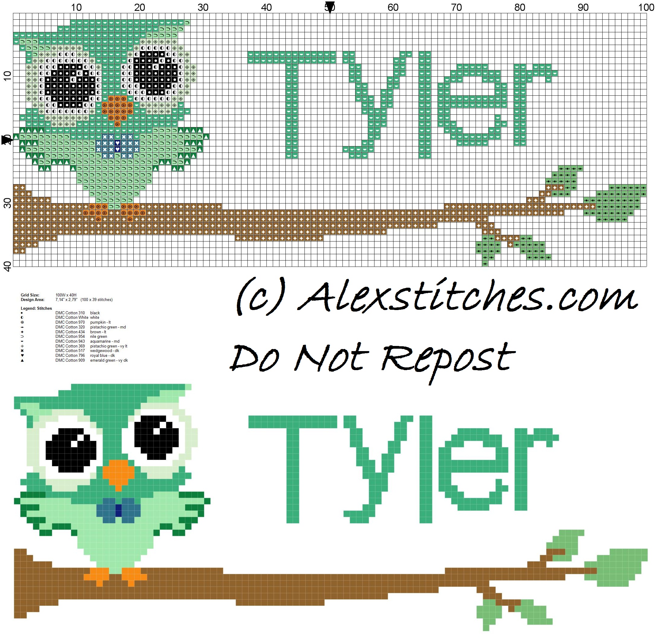 Baby cross stitch name Tyler with owl free download