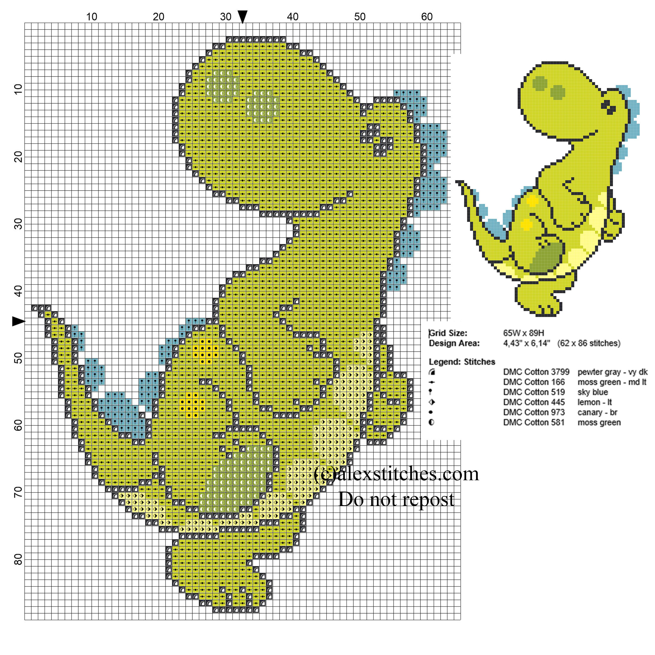 Baby green dinosaur free small cross stitch pattern