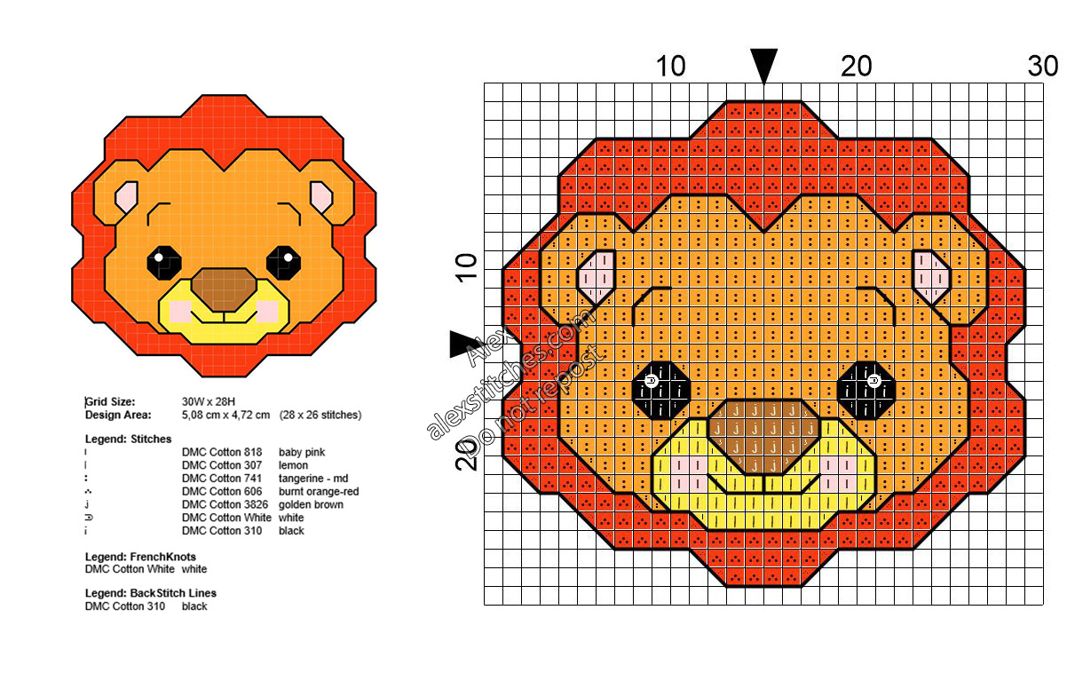 Baby lion free small cross stitch pattern 28x26