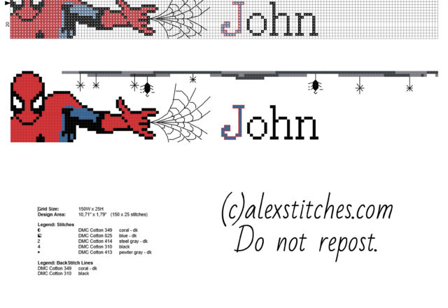 Baby male cross stitch name John with Spider Man