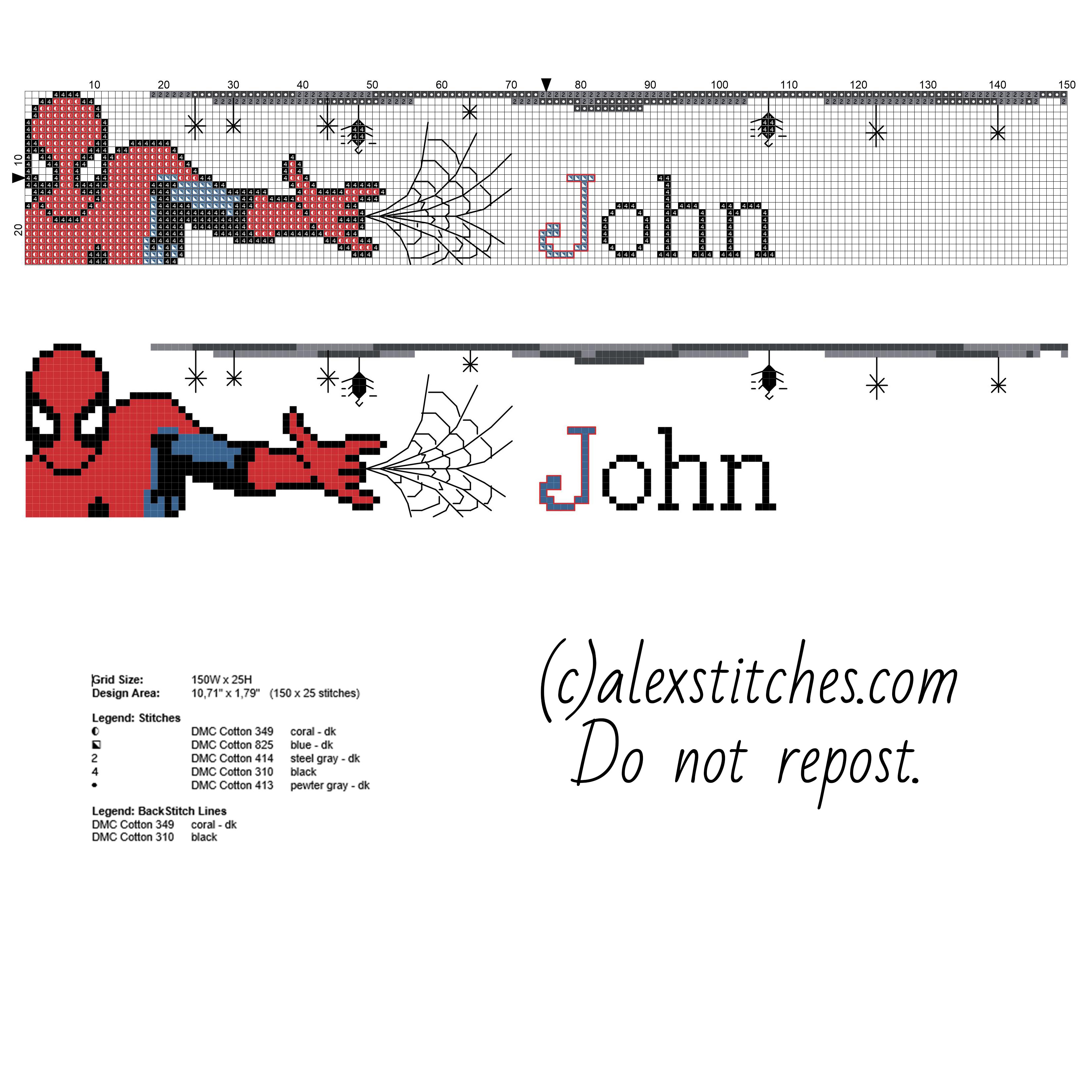 Baby male cross stitch name John with Spider Man