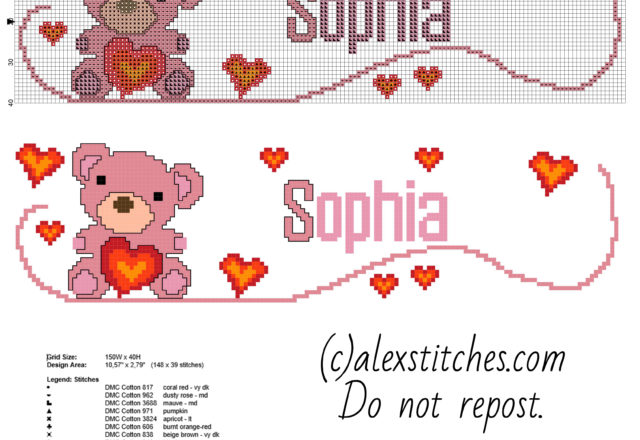 Baby name Sophia cross stitch pattern with a teddy bear