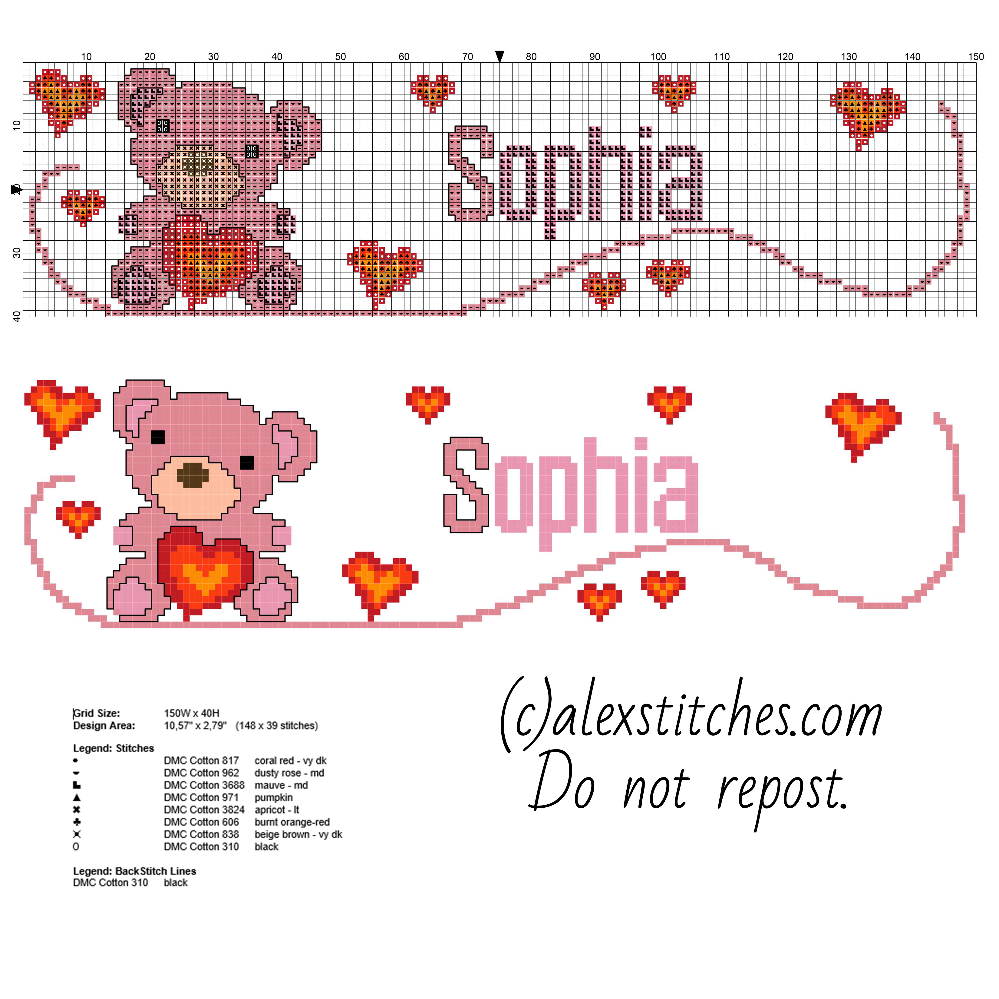 Baby name Sophia cross stitch pattern with a teddy bear