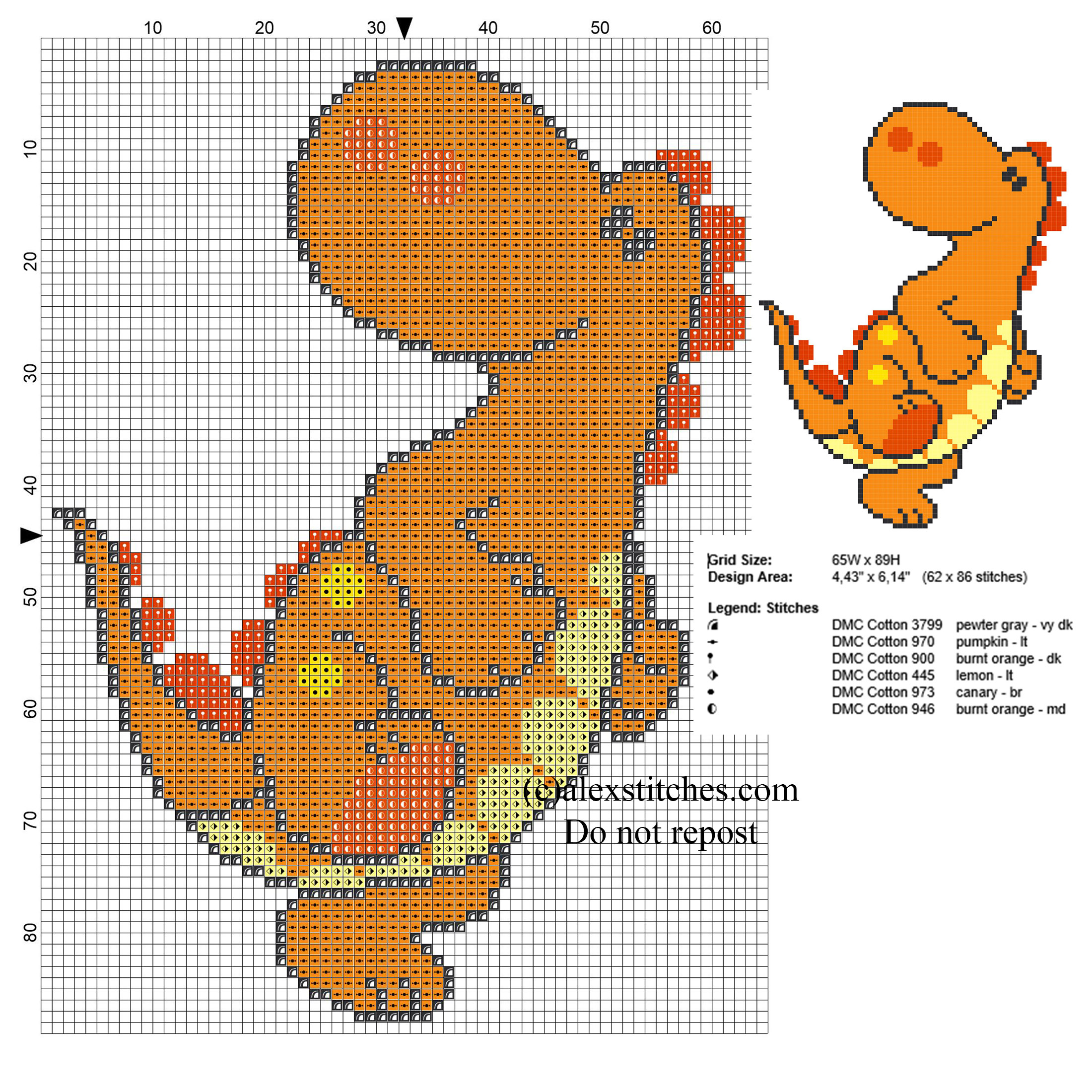 Baby orange dinosaur free small cross stitch pattern