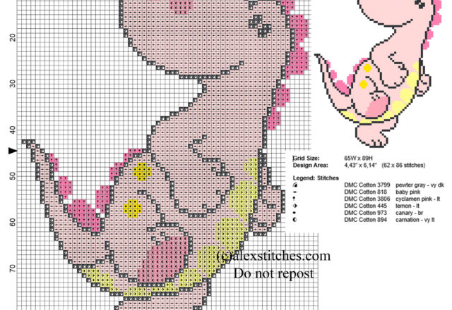 Baby pink dinosaur free small cross stitch pattern