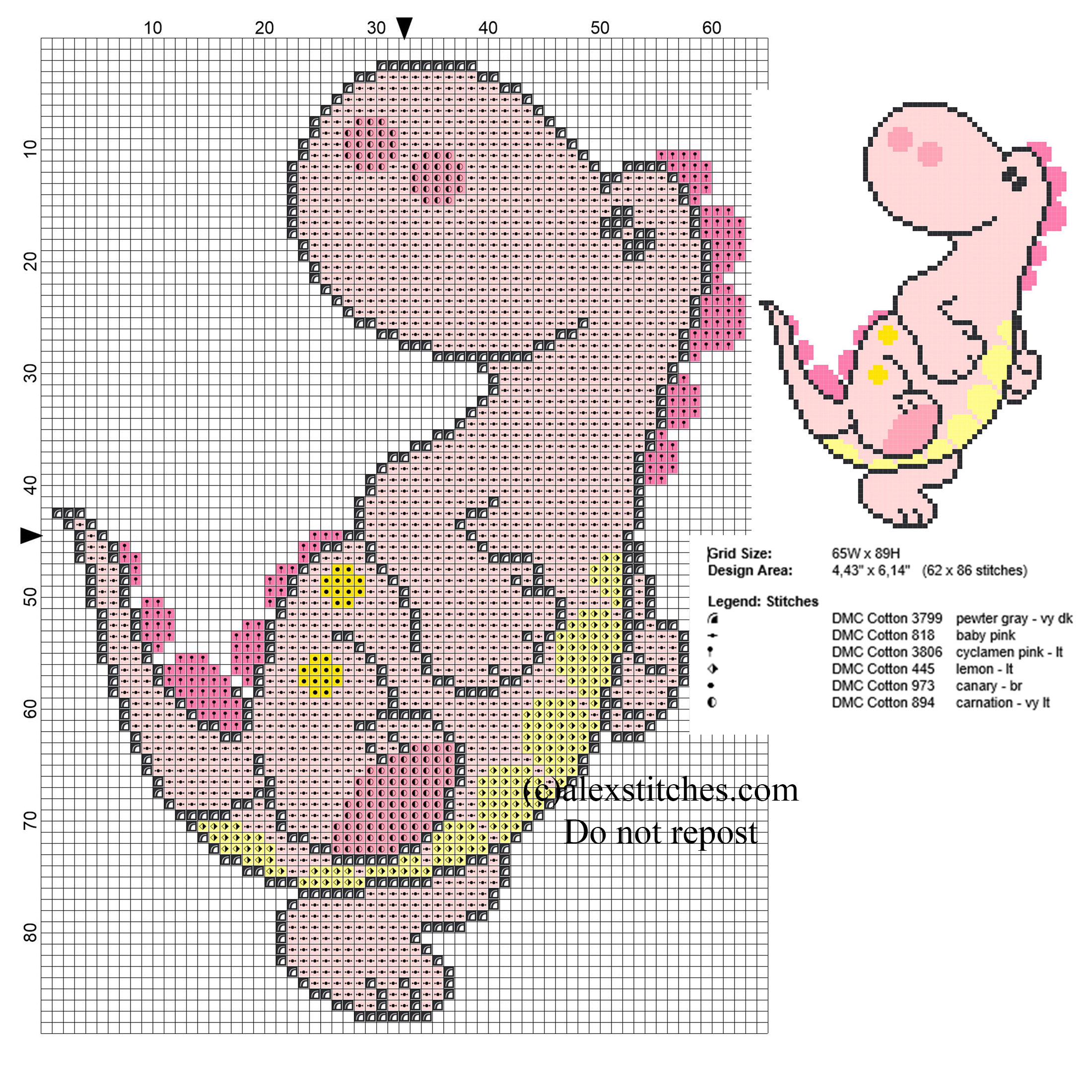 Baby pink dinosaur free small cross stitch pattern