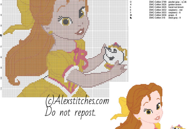 Baby princess Belle Disney free cross stitch pattern 120x118 13 colors