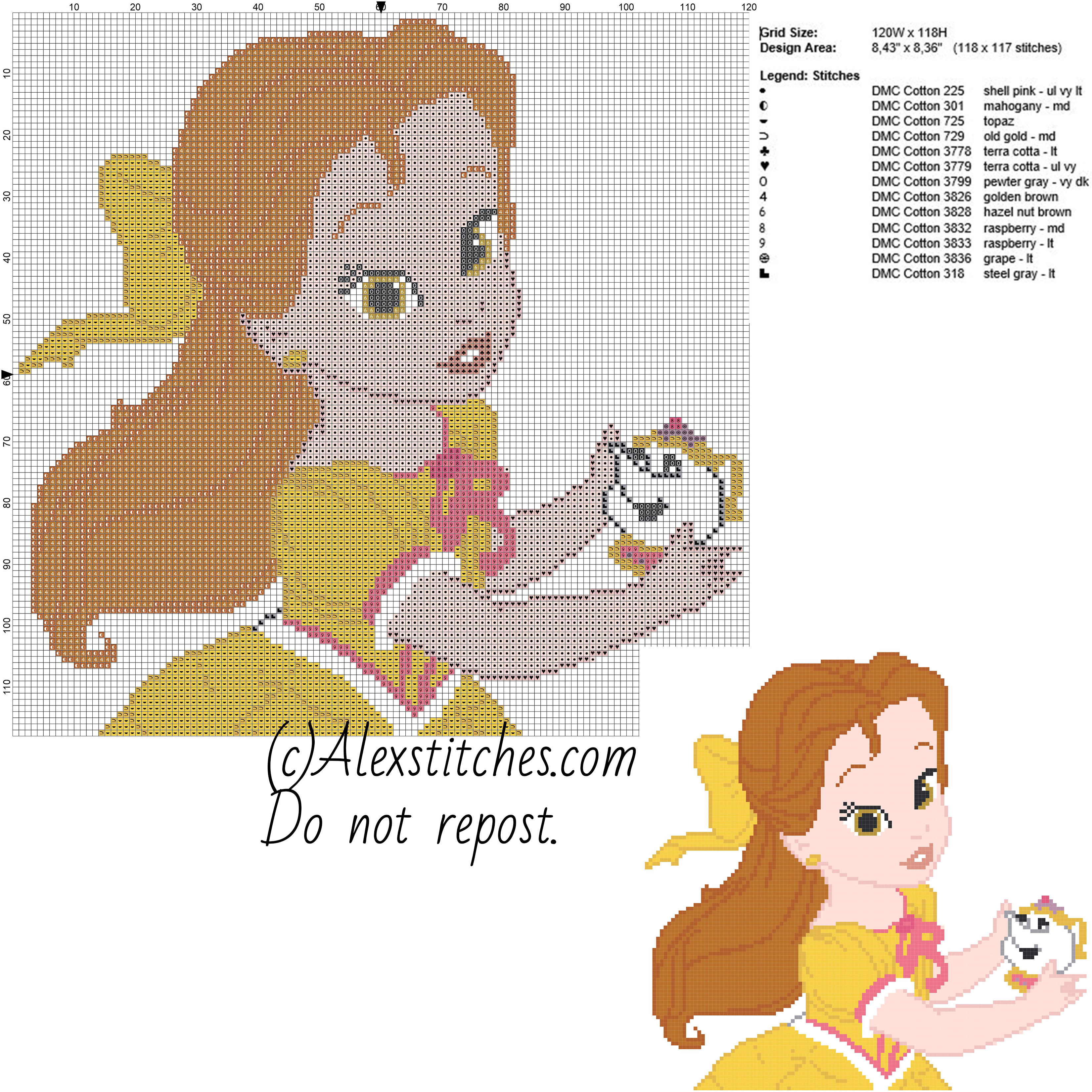 Baby princess Belle Disney free cross stitch pattern 120x118 13 colors