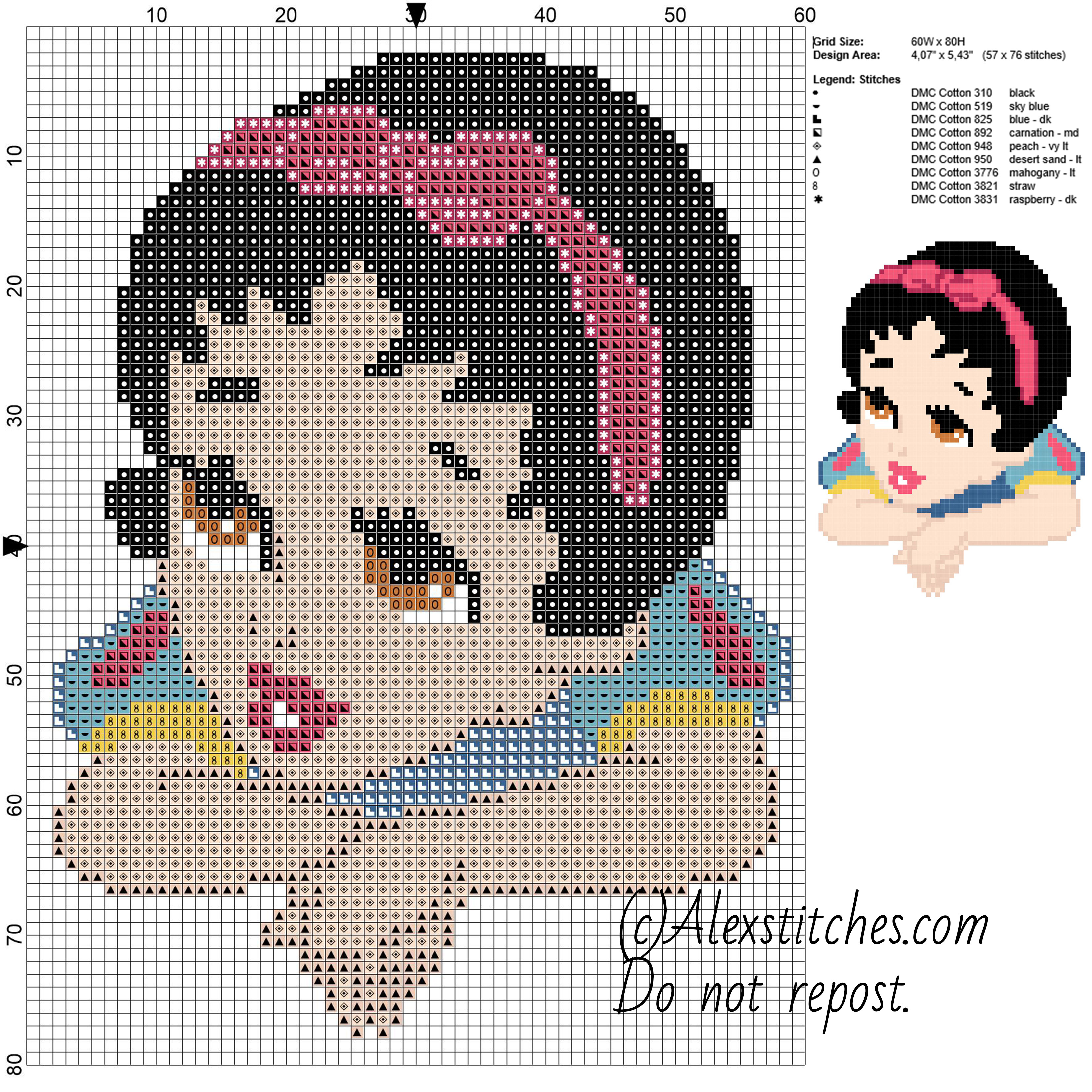 Baby princess Snow White disney free cross stitch pattern 60x80 9 colors