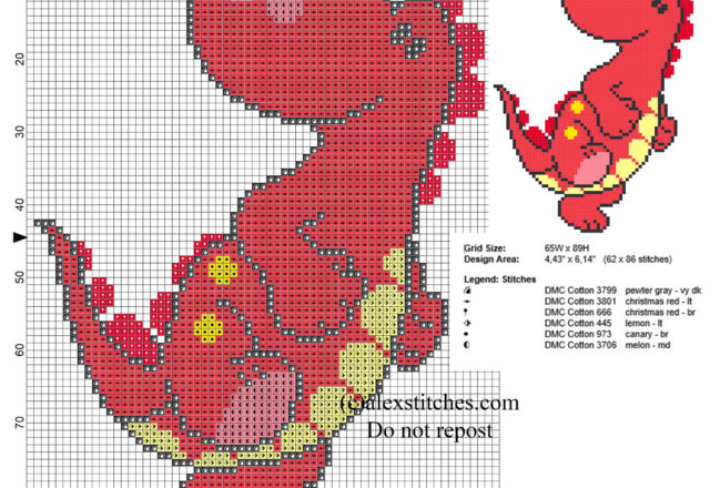 Baby red dinosaur free small cross stitch pattern