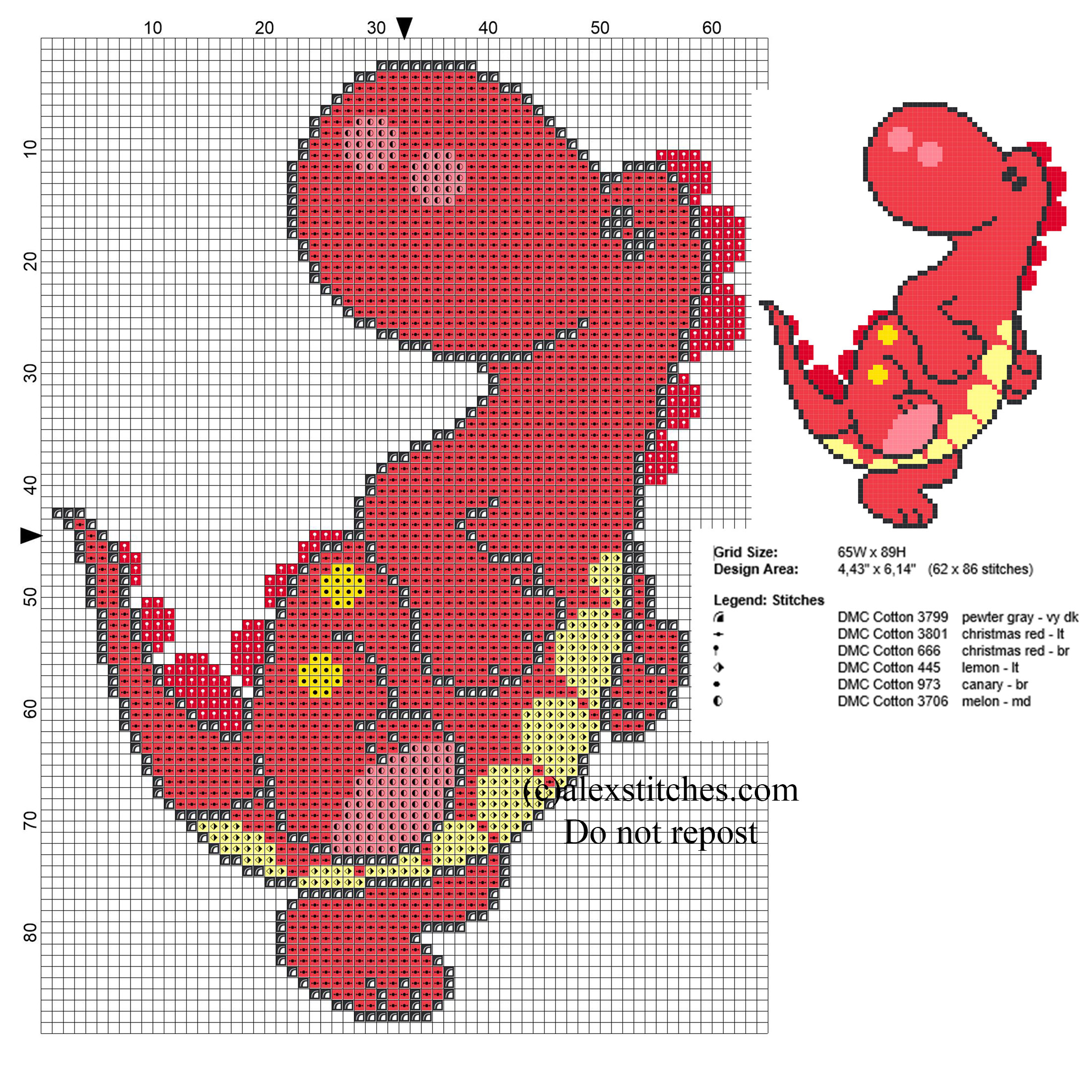 Baby red dinosaur free small cross stitch pattern