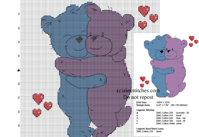 Back stitch cross stitch pattern colored teddy bears hugging