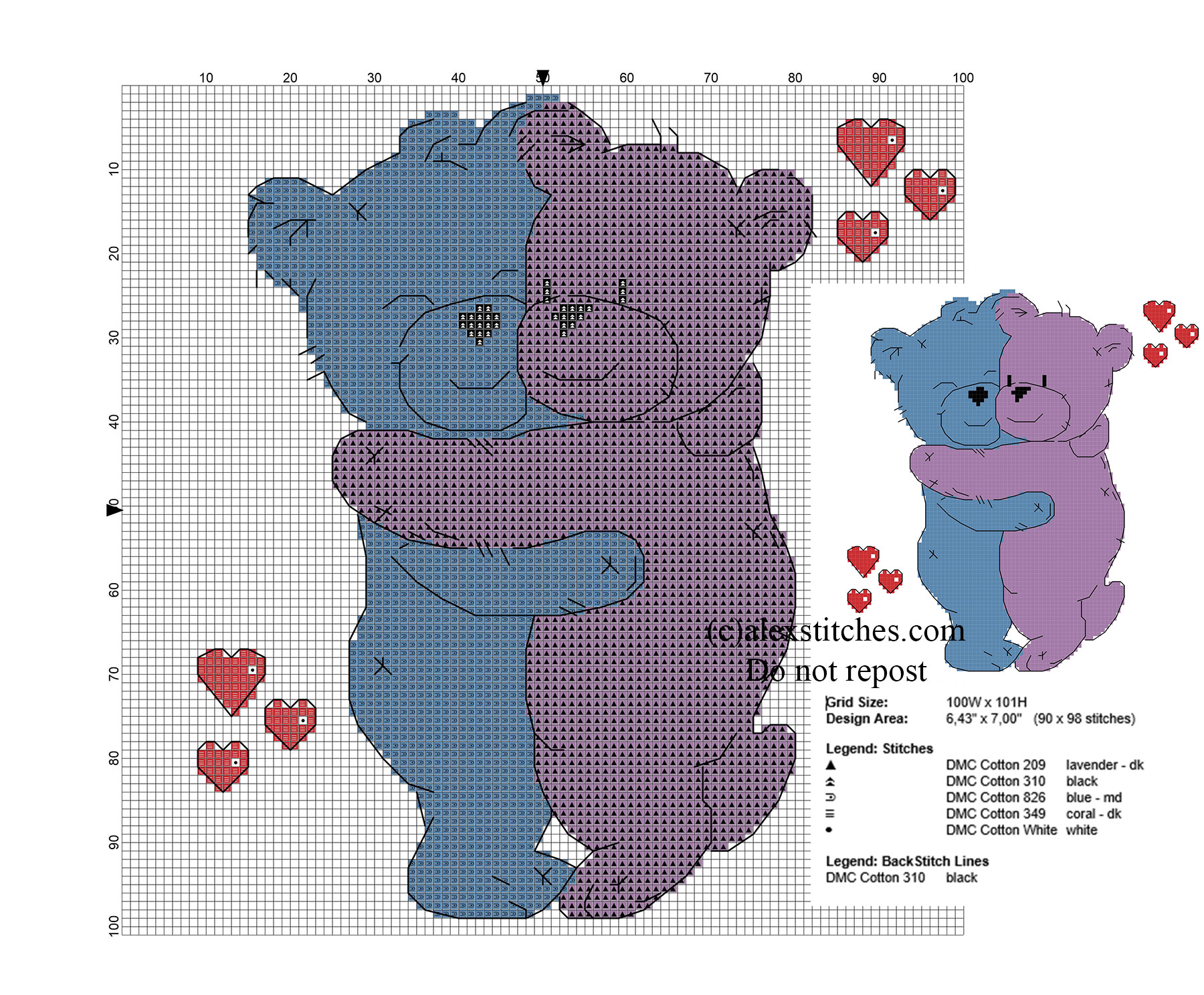 Back stitch cross stitch pattern colored teddy bears hugging