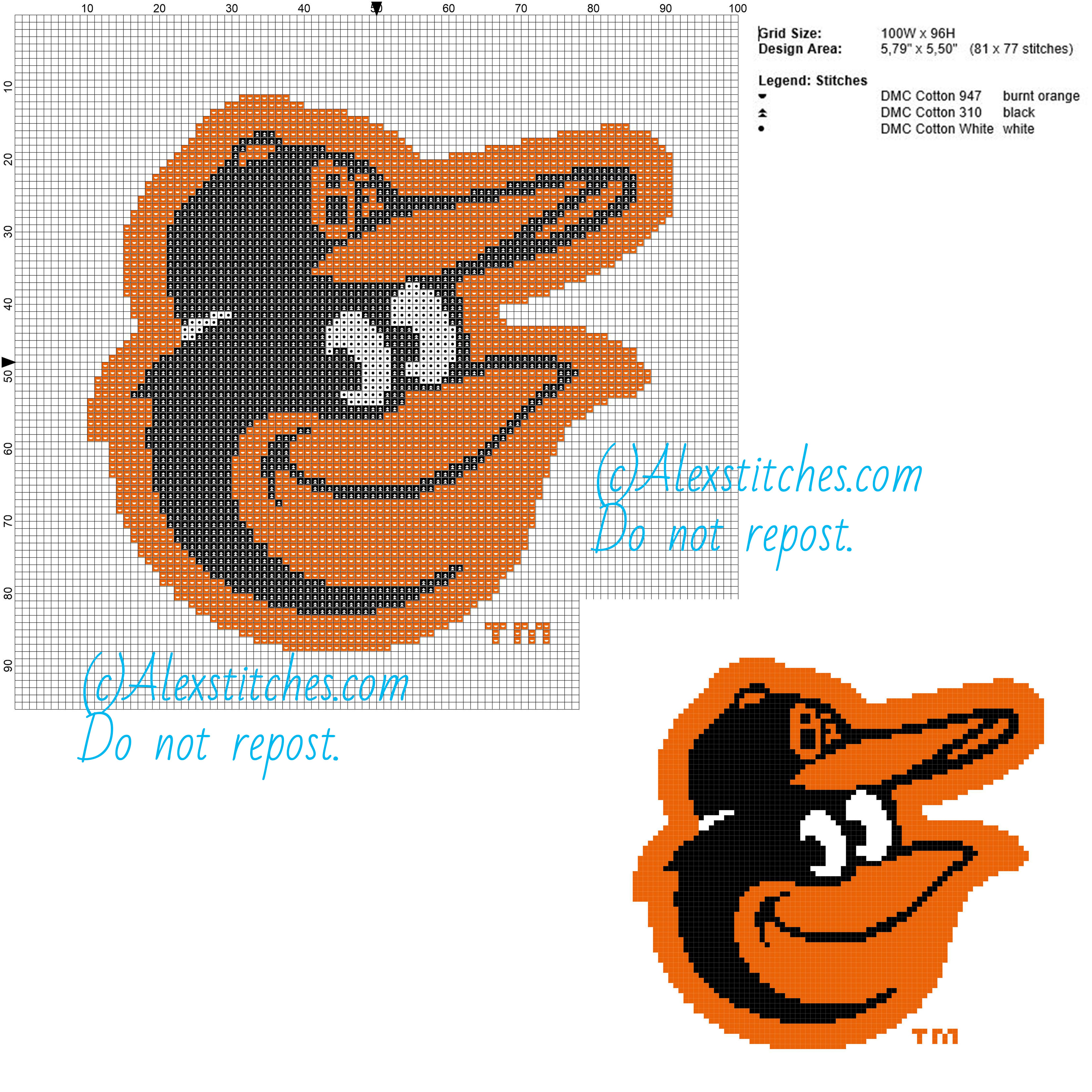 Baltimore Orioles free logo Major League Baseball MLB cross stitch pattern 100x96 3 colors