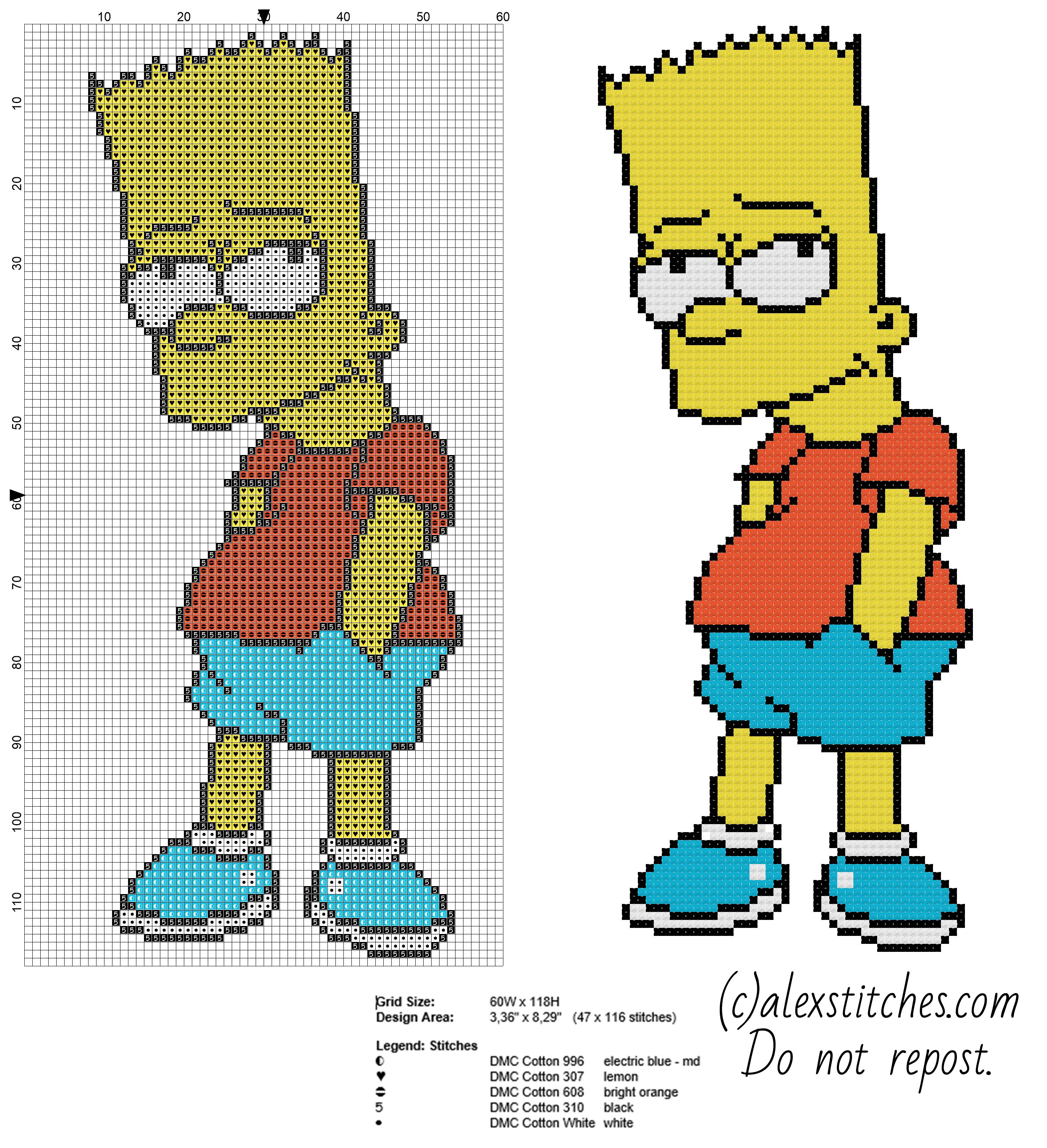 Bart Simpson The Simpsons character free cross stitch pattern