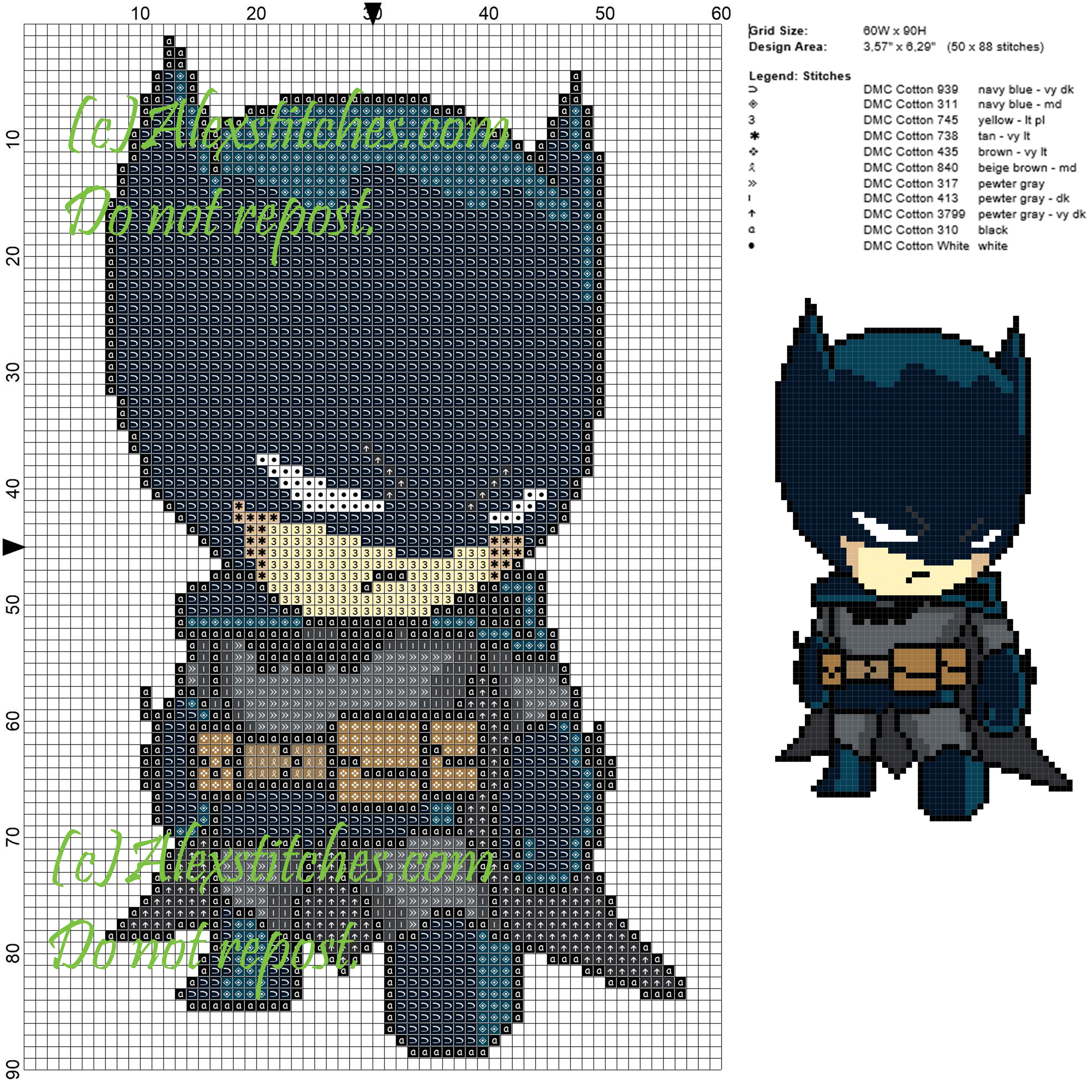 Batman cross stitch pattern 60x90 12 colors