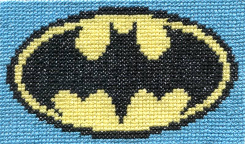 Batman logo cross stitch work photo by Facebook Fan Timea Cseke