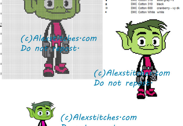 Beast Boy Teen Titans Go cross stitch pattern 100x105 6 colors