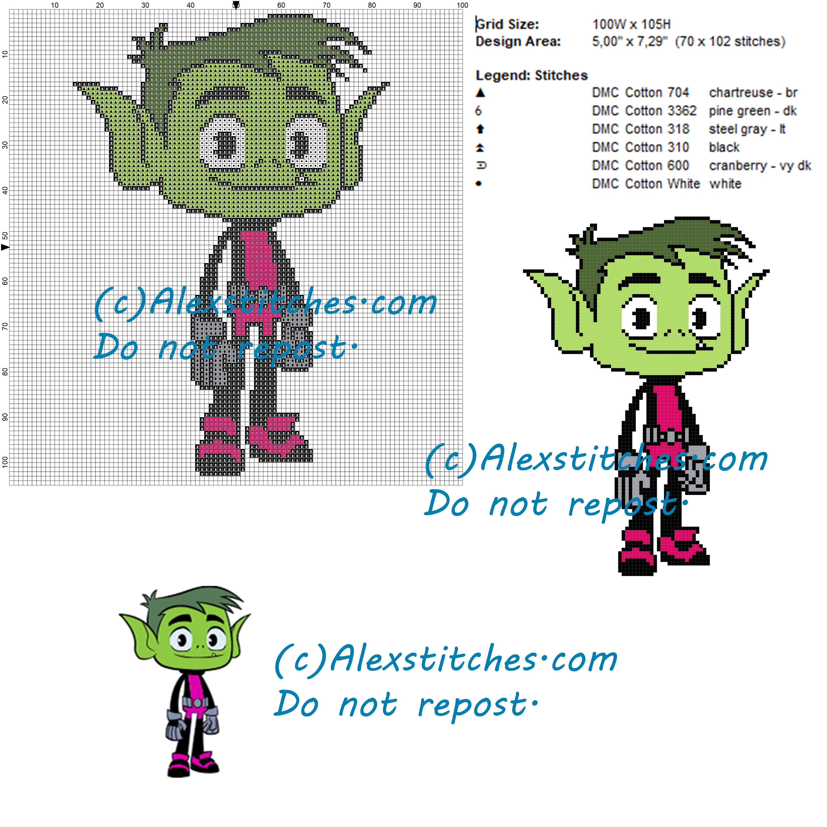 Beast Boy Teen Titans Go cross stitch pattern 100x105 6 colors