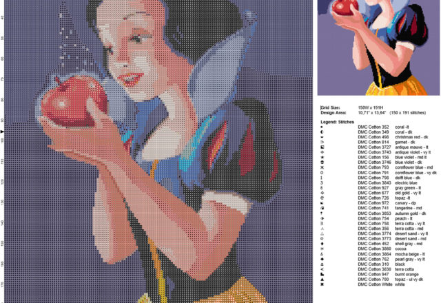 Beautiful Disney Princess Snow White with red apple free cross stitch pattern